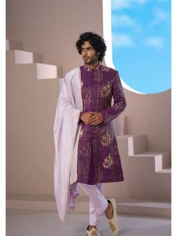 HILO DESIGN - Majestique Purple Hand Embroidered Raw Silk Sherwani