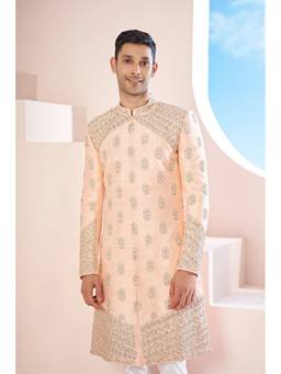 HILO DESIGN - Vexella Peach Hand Embroidered Raw Silk Sherwani