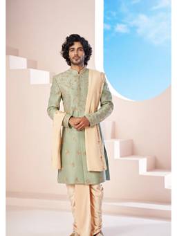 HILO DESIGN - Aurelin Olive Green Hand Embroidered Dupion Silk Sherwani