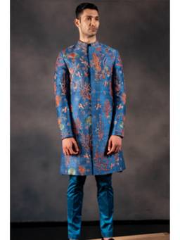 HILO DESIGN - Coral Vogue Blue Hand Embroidered Raw Silk Sherwani