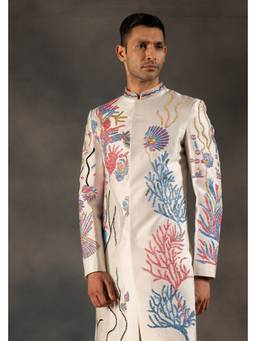 HILO DESIGN - Aqua Marine Off White Hand Embroidered Dupion Silk Sherwani