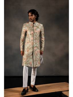 HILO DESIGN - Minty Pastel Green Hand Embroidered Raw Silk Sherwani