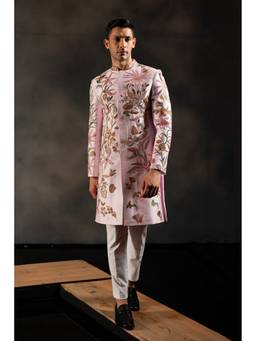 HILO DESIGN - Pink Haven Pink Hand Embroidered Dupion Silk Sherwani