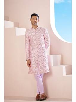 HILO DESIGN - Elysium Pink Hand Embroidered Dupion Silk Sherwani and Pant
