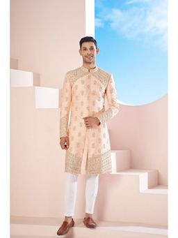 HILO DESIGN - Vexella Peach Hand Embroidered Raw Silk Sherwani with Pant and Dupatta