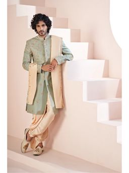 HILO DESIGN - Aurelin Olive Green Hand Embroidered Dupion Silk Sherwani with Dhoti and Dupatta