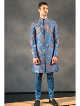 HILO DESIGN - Coral Vogue Blue Hand Embroidered Raw Silk Sherwani and Pant