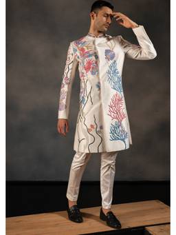 HILO DESIGN - Aqua Marine Off White Hand Embroidered Dupion Silk Sherwani and Pant