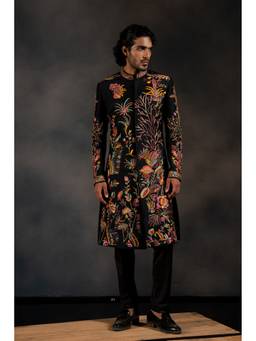 HILO DESIGN - Black Tides Black Hand Embroidered Raw Silk Sherwani and Pant