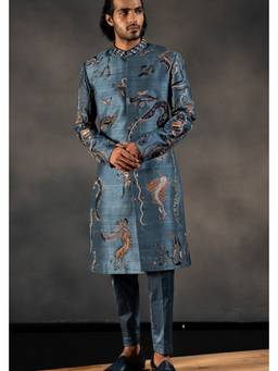 HILO DESIGN - Oceanic Depths Blue Hand Embroidered Raw Silk Sherwani and Pant
