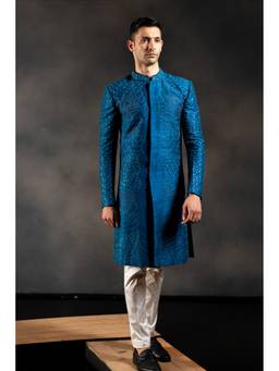 HILO DESIGN - Starlit Indigo Hand Embroidered Raw Silk Sherwani and Pant