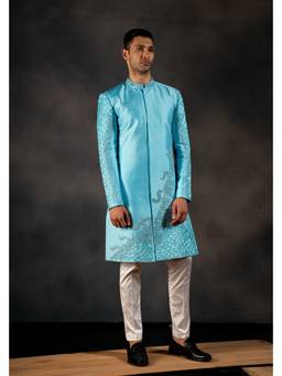HILO DESIGN - Underwater Bliss Blue Hand Embroidered Raw Silk Sherwani and Pant