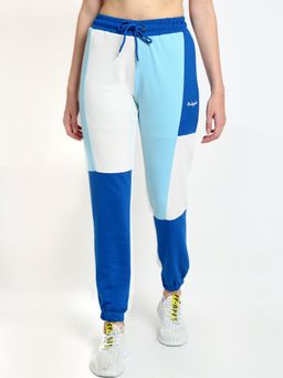Club York - Women White Blue Colour Blocked Straight-Fit Joggers