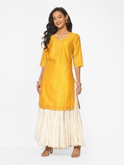 Fabindia - Yellow Cotton Silk Printed Kurta (Set of 2)
