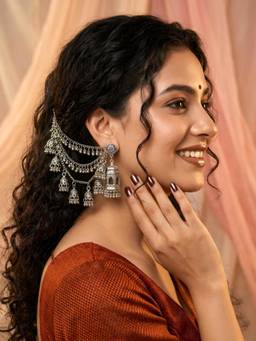 ADIVA - Oxidised Silver-Plated Temple Design Layered Ear Chains Jhumka Drop Earrings