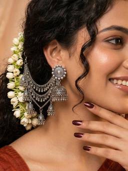 ADIVA - Oxidised Silver-Plated Ghungroo Multi-Layer Ear Chains Jhumka Drop Earrings