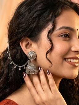 ADIVA - Oxidised Silver-Plated Ghungroo Chains Ear Chains Jhumka Drop Earrings