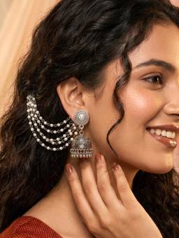 ADIVA - Oxidised Silver-Plated Pearls Multi-Layer Ear Chains Jhumka Drop Earrings