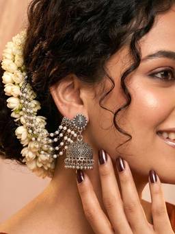 ADIVA - Oxidised Silver-Plated Layered Pearl Chains Ear Chains Jhumka Drop Earrings