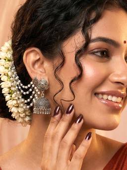 ADIVA - Oxidised Silver-Plated Peacock Pearl Layered Chains Jhumka Drop Earrings