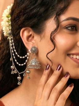 ADIVA - Oxidised Silver-Plated Pearls and Ghungroo Layered Chains Jhumka Drop Earrings