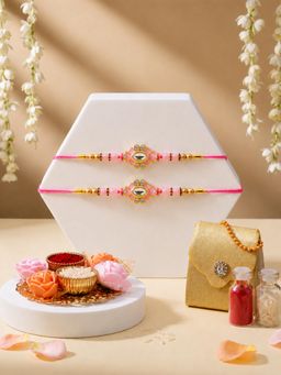 ADIVA - Pink Floral Thread Rakhi with Pooja Thali and Roli Chawal Bag Gift Set