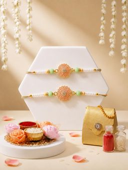 ADIVA - Pink Floral Thread Rakhi with Pooja Thali and Roli Chawal Bag Gift Set