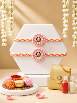 ADIVA - Pink Floral Designer Rakhi with Pooja Thali and Roli Chawal Bag Gift Set