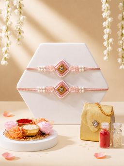 ADIVA - Pink Floral Pearl Rakhi with Pooja Thali and Roli Chawal Bag Gift Set