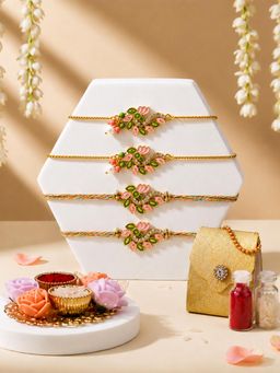 ADIVA - Pink Green Floral Bhai Bhabi Rakhi Lumba Set Pooja Thali Roli Chawal Bag Gift Set
