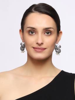 VENI - Silver-Plated Oxidised Peacock Shaped Drop Earrings