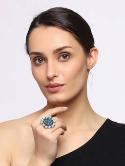 VENI - Silver-Plated Stone-Studded and Beaded Oxidised Finger Ring
