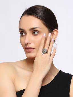 VENI - Silver-Plated Beaded Oxidised Durga Finger Ring