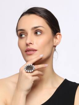 VENI - Silver-Plated Oxidised Stone-Studded and Beaded Adjustable Finger Ring