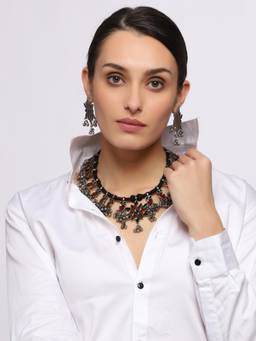 VENI - Silver Plated Oxidised Stone Studded Jewellery Set
