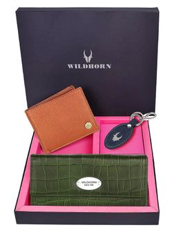 WILDHORN - Premium Leather Ladies Wallet, Mens Wallet and Keychain Gift -1K_GNCR_2052TA_K (Set of 3)