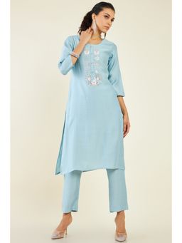 Soch - Women Blue Viscose Embroidered Kurta (Set of 2)