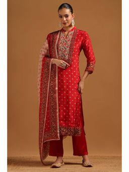 Soch - Red Floral Three Fourth Sleeves Kurta Pant & Dupatta
