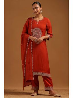 Soch - Rust Embroidered Three Fourth Sleeves Kurta Pant & Dupatta