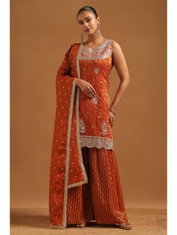 Soch - Rust Embroidered Sleeveless Kurti & Unstitched Sleeves with Sharara-Dupatta