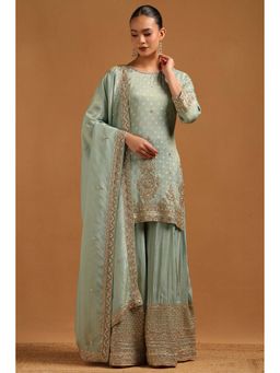 Soch - Turquoise Embellished Three Fourth Sleeves Kurti Palazzo & Dupatta
