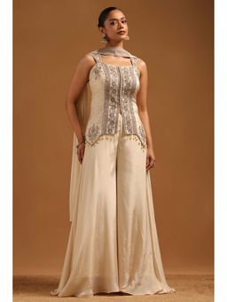 Soch - Cream Embellished Sleeveless Top & Unstitched Sleeves with Palazzo-Dupatta