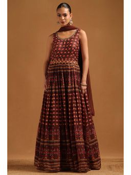 Soch - Maroon Embellished Sleeveless Anarkali Kurta Chudidar & Dupatta with Belt