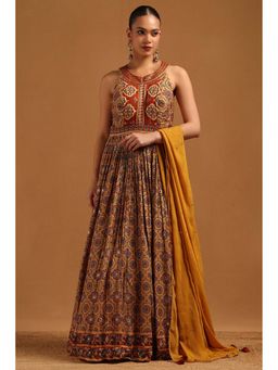 Soch - Mustard Printed Sleeveless Anarkali Kurta & Unstitched Sleeves With Chudidar-Dupatta