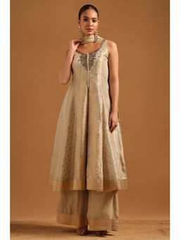 Soch - Beige Embroidered Sleeveless Kurta Palazzo & Dupatta
