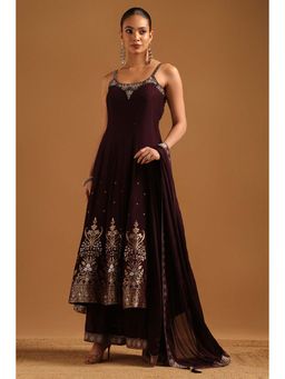 Soch - Wine Embroidered Sleeveless Kurta & Unstitched Sleeves with Palazzo-Dupatta