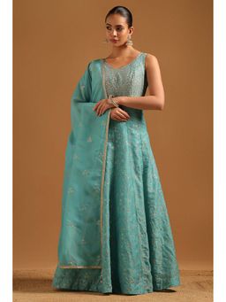 Soch - Turquoise Embroidered Sleeveless Anarkali Kurta & Chudidar Unstitched Sleeves-Dupatta
