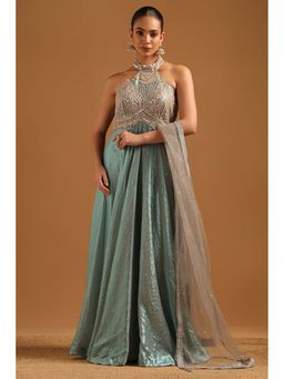 Soch - Turquoise Embellished Sleeveless Gown & Unstitched Sleeves with Dupatta