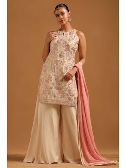 Soch - Cream Embroidered Sleeveless Kurti & Unstitched Sleeves with Palazzo-Dupatta