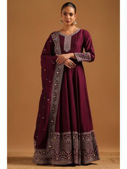 Soch - Wine Embroidered Full Sleeves Gown and Dupatta